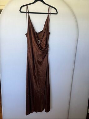 Elegant Brown Satin Slip Dress with Cowl Neck